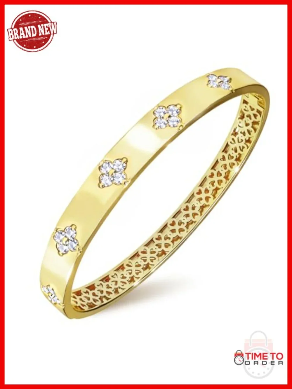 14K Gold Plated Moissanite Clover Bangle Bracelet, D Color VVS1
